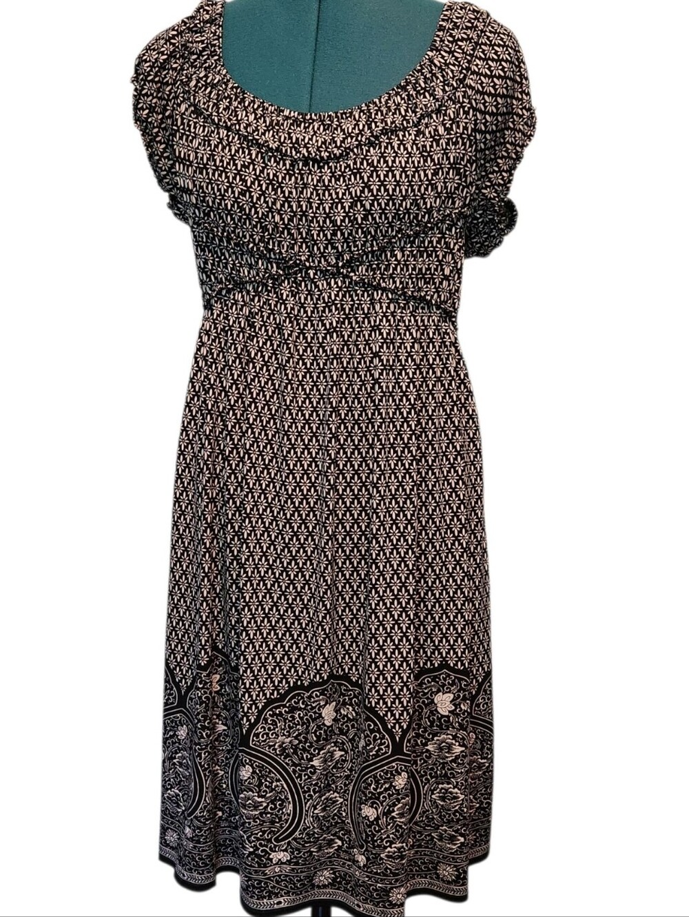 Max Edition Midi Dress Black White Floral Stretchy Women's Size Medium